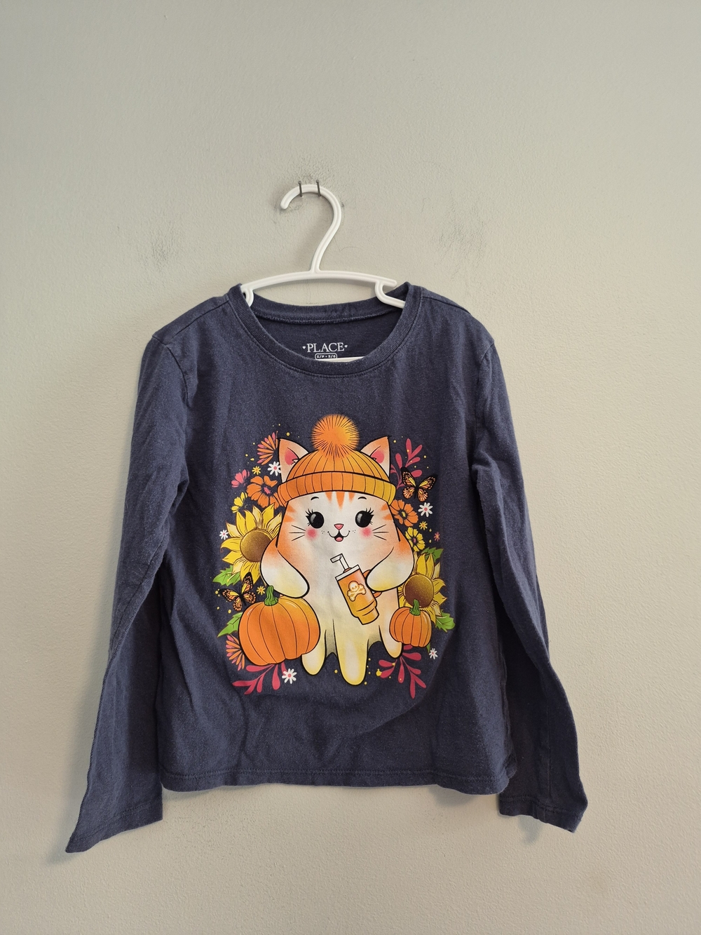 The Children’s Place Girls 5/6 Grey & Orange Fall Pumpkin Cat Long Sleeve Tshirt